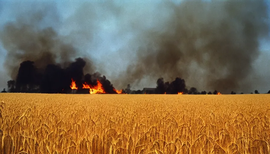 Prompt: 1 9 7 0 s movie still of a burning french house in a wheat field, cinestill 8 0 0 t 3 5 mm, high quality, heavy grain, high detail, texture, dramatic light, ultra wide lens, panoramic anamorphic, hyperrealistic