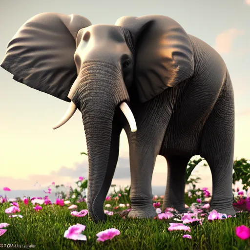 Image similar to ultra - realistic 3 d render of porcelain mother elephant and child elephants infected with flowers, beautiful, elegant