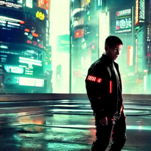Image similar to cyberpunk street racer wearing black jacket standing next to red Lan Evo X 2077 FRS GTR R35 S15 NSX scene from Bladerunner 2049 Roger Deakins Cinematography movie still 2017