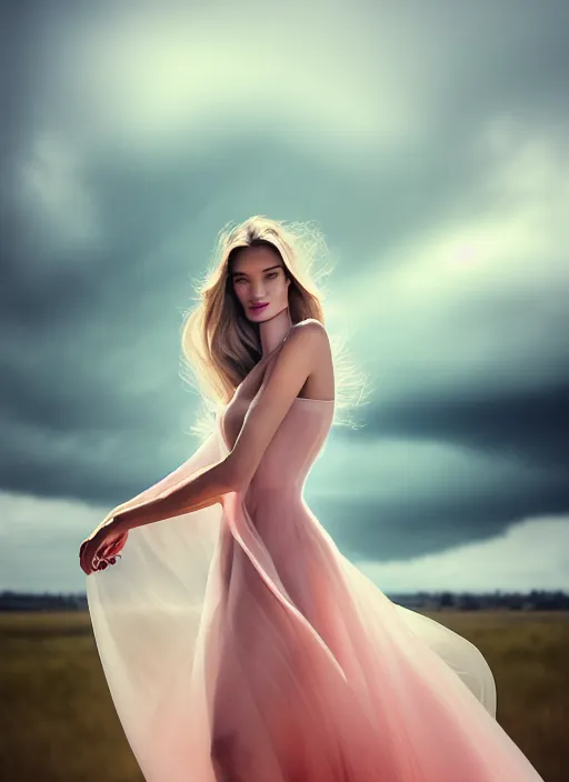 Image similar to portrait photography of a beautiful woman, in fine art photography style of Giovanni Gastel , rosie huntington whitely style 3/4 , natural color skin pointed in rose, hair stormy clouds, full body dressed with a ethereal transparent voile dress, elegrant, 8K, soft focus, melanchonic soft light, volumetric dramatic lighting, highly detailed Realistic, hyper Refined, Highly Detailed, natural point rose', outdoor soft lighting, soft dramatic lighting colors scheme, soft blur lighting, fine art fashion photography