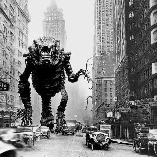 Prompt: old black and white photo, 1 9 1 3, depicting a giant biomechanical alien monster kaiju robot rampaging through the bustling streets of new york city, historical record