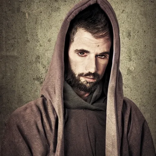 Prompt: 4 0 years old man, skinny, slim, friendly, smiling : : goatee beard : : hooded cloak : : medieval city, night, dark, grim, high detail, digital art, rpg, illustration