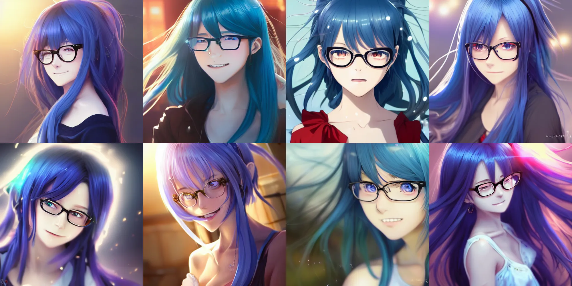 Prompt: very beautiful anime girl with glasses, long blue hair, azure blue watery eyes, full round face, seductive over the shoulder glances, happy smile, lens flare, cinematic lighting, medium shot, mid-shot, highly realistically detailed, trending on pixiv, Unreal Engine 4k, Stanley Artgerm Lau, WLOP, James Jean, Marc Simonetti, Sakimichan