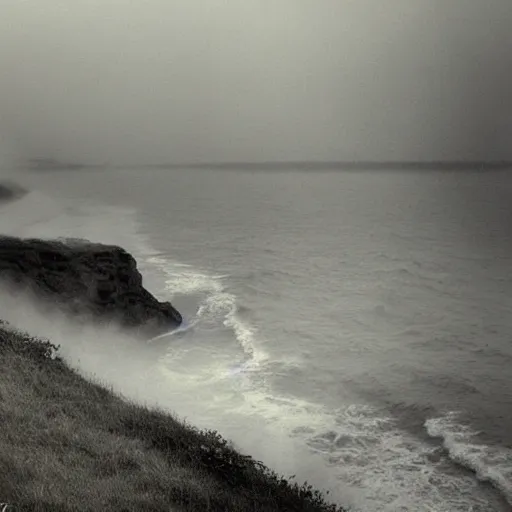 Prompt: i stood atop a cliff shore and looked out the front door of a sorely forgotten begotten house that tilted right toward the roaring shore below and the mist rises to meet the morning sun