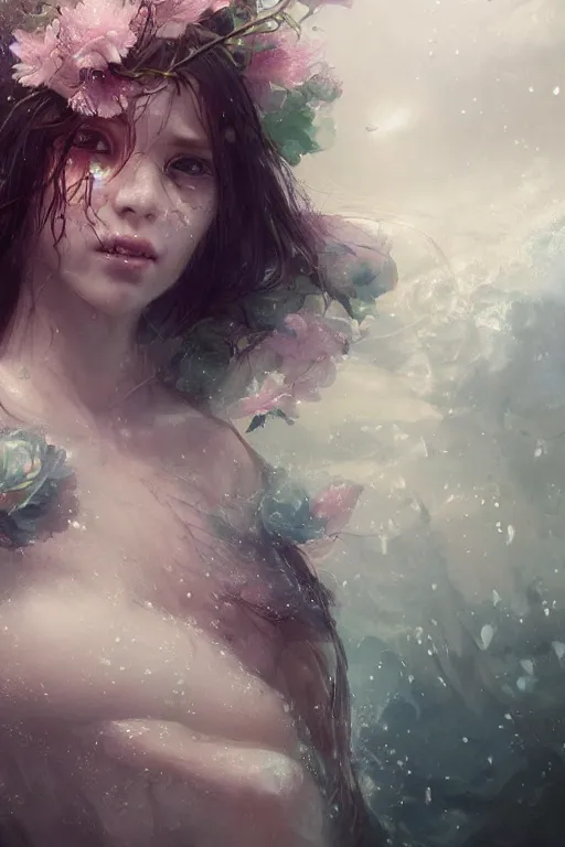 Image similar to face closeup a young beautiful girl drowned in water covered with ice crystals, 3 d render, hyper realistic detailed portrait, holding magic flowers, ruan jia, wlop. scifi, fantasy, hyper detailed, octane render, concept art, by peter mohrbacher, by wlop, by ruan jia