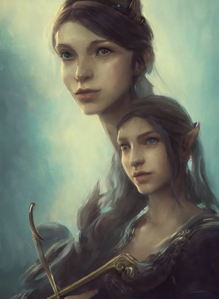 Prompt: a face portrait of a beautiful girl as a bard from skyrim, fantasy setting, beautiful face, serene colors, soft lighting, atmospheric, cinematic, moody, in the style of diego koi, gina heyer, luiz escanuela, art by alyssa monk, hyperrealism, rule of thirds, golden ratio, oil on canvas, 8 k