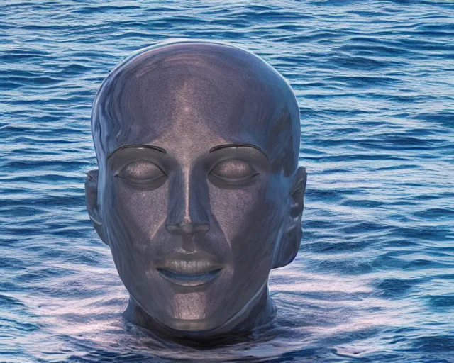 Image similar to a giant abstract sculpture of a human head on the ocean water, in the style of chad knight, award winning, cinematic, hyper - realistic, very detailed, realistic water splashes, ray tracing, 8 k resolution, long - shot, sharp focus, low angle, 8 5 mm photograph, wide lens