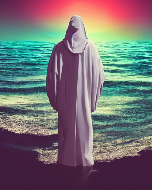 Image similar to a person wearing a white cloak standing in the water. a large planet is overhead. an album cover by stanley twardowicz, trending on cg society, retrofuturism, retrowave, chillwave, synthwave