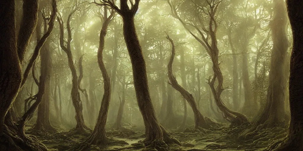 Image similar to artwork of the narrow woods, by john howe & tim white & les edwards, exquisite lighting, clear focus, highly detailed, cinematic view, trending on artstation, exquisite