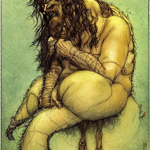 Prompt: slouched ogre, illustration by Brian Froud and John Bauer