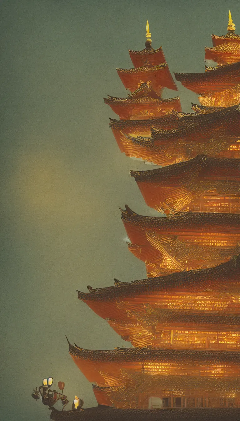 Prompt: digital painting of a pagoda, tea drinking and paper lanterns, HD