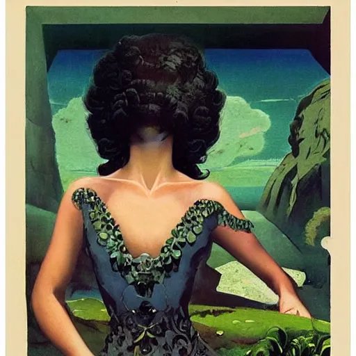 Image similar to a oil painting of a fair skin with dark curly stylised hair queen wearing dress, by hans emmenegger, by bruce pennington, by eyvind earle, by nicholas roerich, by frank frazetta, by georgia o keeffe, by dean cornwell, highly detailed, realistic, concept art, jewels, tiles curtains, oriental, desaturated