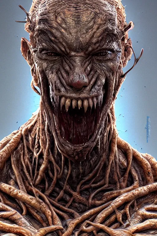 Image similar to beautiful portrait of the thing of the swamp smiling, intricate, dystopian, biopunk, extremely detailed, digital painting, sculpted in zbrush, artstation, concept art, smooth, sharp focus, illustration, chiaroscuro, soft lighting, golden ratio, rule of thirds, fibonacci, incredible art by Stanley Artgerm Lau and Greg Rutkowski, composition by mike mignola and Simon Stalenhag,