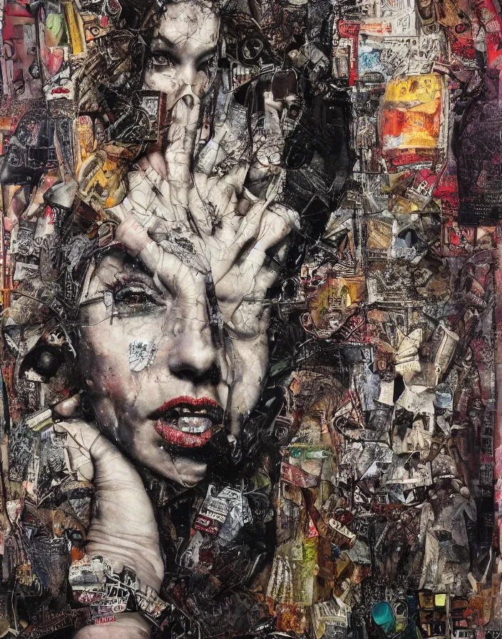Image similar to you are prey of your sins detailed mixed media collage, conteporary art, punk art, realistic face, photorealistic, expressionism, masterpiece, perfect composition, spectacular quality, intricate oil sweeps