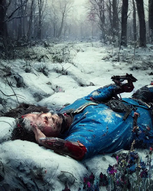 Image similar to Highly realistic oil painting of a wounded knight lying in the snow, surrounded by blue flowers, blood on flowers, by greg rutkowski, highly detailed, cinematic lighting, moody, dark