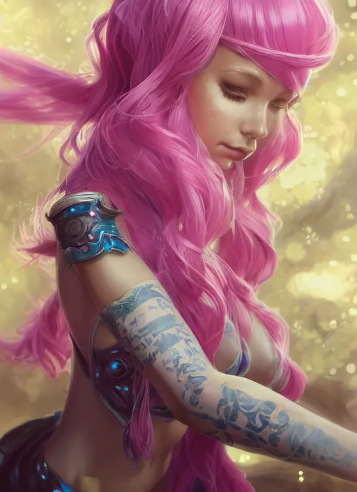 Image similar to seraphine, from league of legends, pink hair, musical keyboard, hyper detailed, digital art, trending in artstation, cinematic lighting, studio quality, smooth render, unreal engine 5 rendered, octane rendered, art style by klimt and nixeu and ian sprigger and wlop and krenz cushart