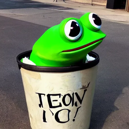 Image similar to pepe the frog standing in a trash can