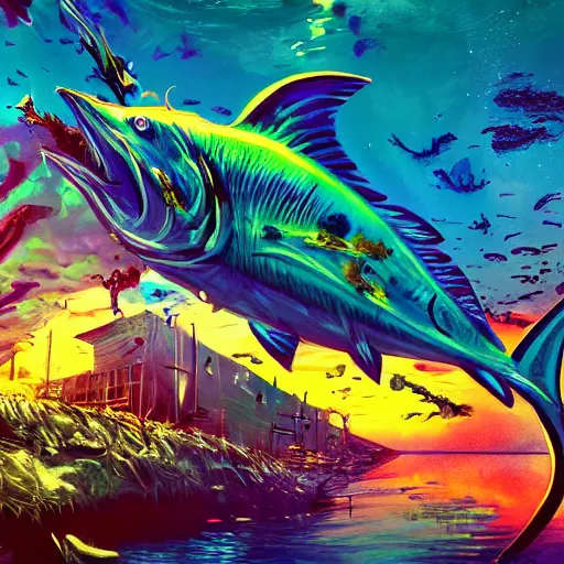 Prompt: zombified marlin, beautiful composition, wide angle, colorful, cinematic, volumetric lighting, intricate details painting