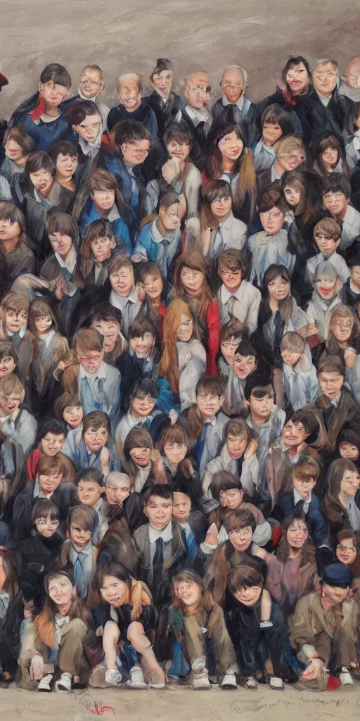 Prompt: oil painting scene photographer takes group school photo by kim jung gi