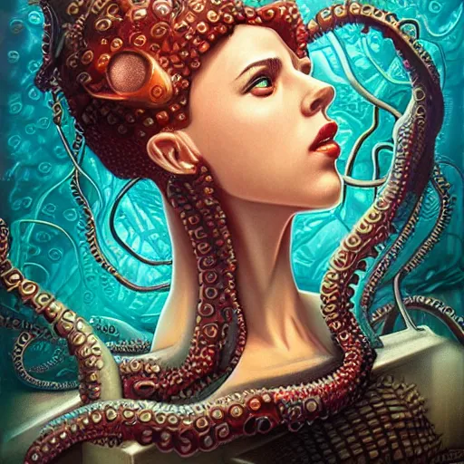 Image similar to lofi underwater bioshock biopunk lovecraft lovecraftian portrait of scarlett johansson, octopus, Pixar style, by Tristan Eaton Stanley Artgerm and Tom Bagshaw.
