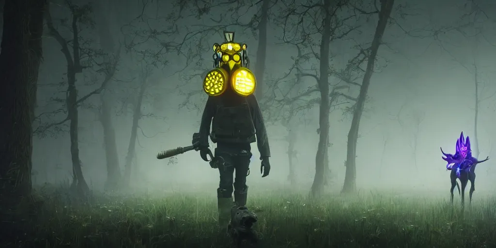 Image similar to a beautifully strange image of a gamekeeper wearing a dieselpunk mechanical fluorescent mystical animal mask. walking in the misty, dangerous river. in style of fornite game. award winning. dramatic. trending on artstation. high quality. rendered by beeple, by makoto shinkai, syd meade, digital art, unreal engine 5, fornite game. octane render