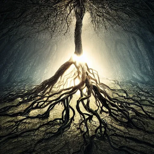 Image similar to full body pose, hyperrealistic photograph of roots of a tree made of bodies, dim volumetric lighting, 8 k, octane beautifully detailed render, extremely hyper detailed, intricate, epic composition, cinematic lighting, masterpiece, trending on artstation, very very detailed, stunning, hdr, smooth, sharp focus, high resolution, award, winning photo, dslr, 5 0 mm