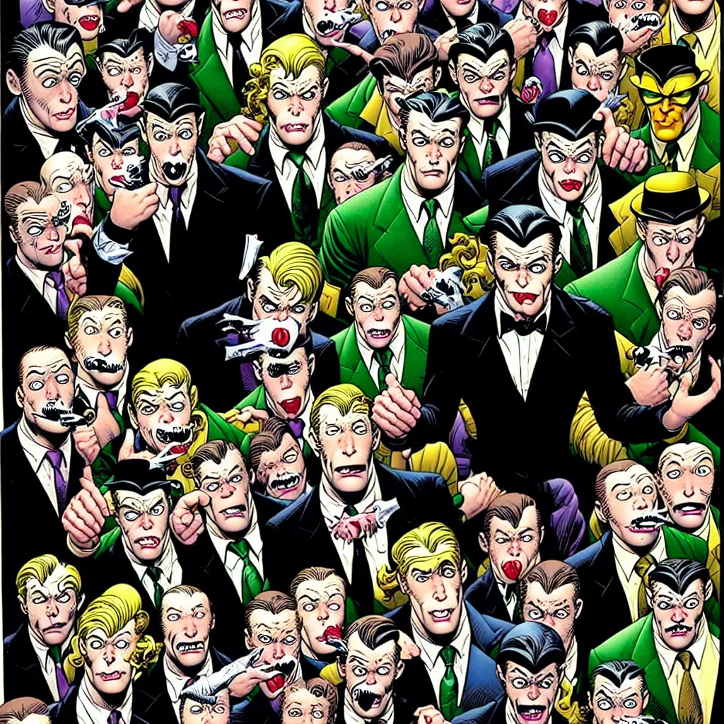 Image similar to drawing of gotham city's finest investigative reporter jack ryder with 1 4 tiny jokers reaching out of his mouth, 4 k art by brian bolland, graphic novel cover art