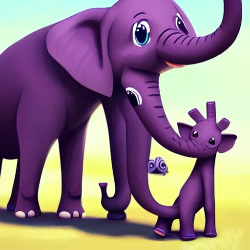 Image similar to cute elephant playing wiht a giraffe, artwork by goro fujita,