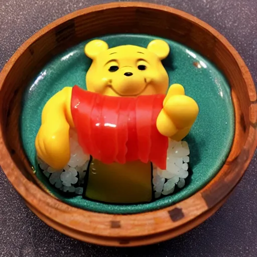 Image similar to Winnie the Pooh eating sushi