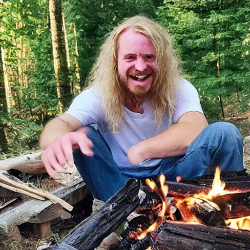 Image similar to photo of hillbilly with long blonde hair smiling near a fire pit