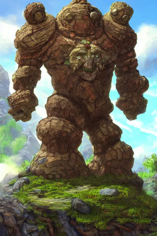 Image similar to zelda fantasy art giant golem troll wood rock greeble gemstone, global illumination ray tracing hdr fanart arstation by sung choi and eric pfeiffer and gabriel garza and casper konefal