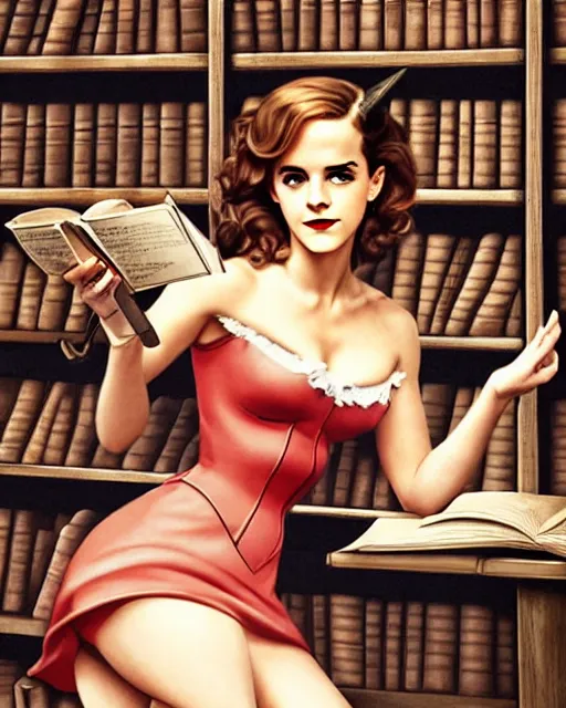 Prompt: pinup photo emma watson in the role of hermione granger in the library of hogwarts, by andrei riabovitchev, james jean, gil elvgren, enoch bolles, glossy skin, pearlescent, anime, very coherent, flat