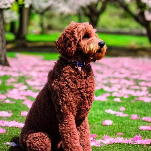 Image similar to a goldendoodle meditation below a Sakura tree, 8k, nature photography