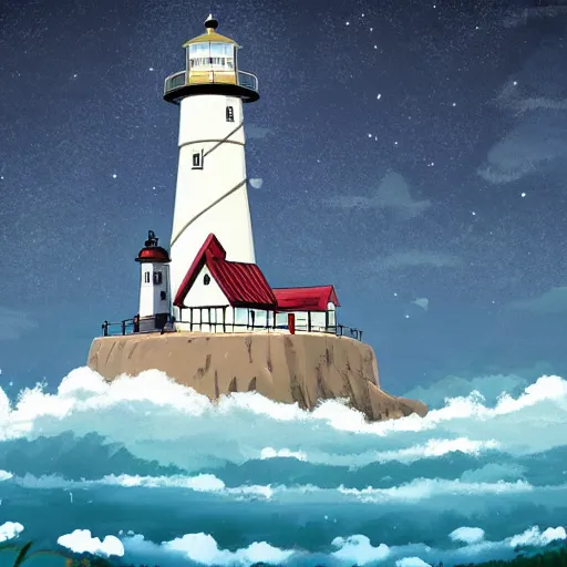 Image similar to beautiful cute cozy little lighthouse by the sea and a cozy cottage, well and fence, puffy clouds, stars, moon, anime style of hayao miyazaki, digital art trending on artstation