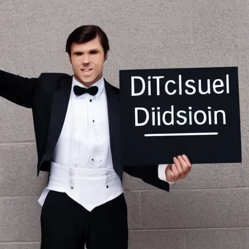 Prompt: stock image of a man in a tuxedo holding up a sign that says im using stable diffusion!!