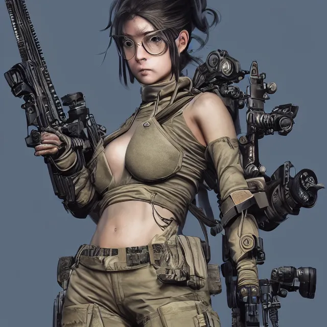 Image similar to the photorealistic portrait of lawful neutral female futuristic marine sniper as absurdly beautiful, gorgeous, elegant, young anime gravure idol, an ultrafine hyperdetailed illustration by kim jung gi, irakli nadar, intricate linework, bright colors, octopath traveler, final fantasy, unreal engine 5 highly rendered, global illumination, radiant light, detailed and intricate environment