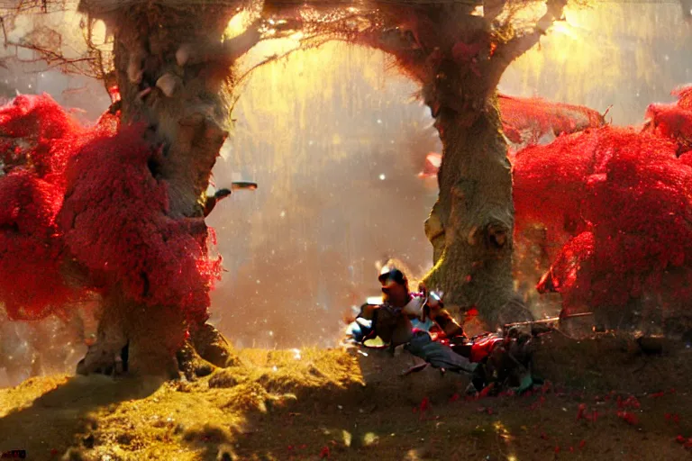 Image similar to winter, a male warrior relaxing under a huge tree with red flowers, sun shining on him, god ray, ground covered with snow, fantasy, painting by gaston bussiere, craig mullins, j. c. leyendecker, trending on artstation