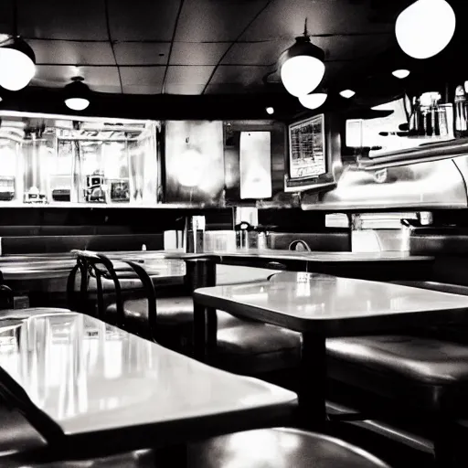 Prompt: inside of a diner with alien waiters, cozy lighting, late night, photo