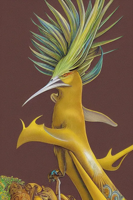 Image similar to king of saxony bird - of - paradise energy, painted by stephen hickman and tom jung and greg theakston and matthew stawicki, trending on artstation, dramatic brown and lime lighting side view illustrator, symbolism, very very intricate, magic realism, minimalism