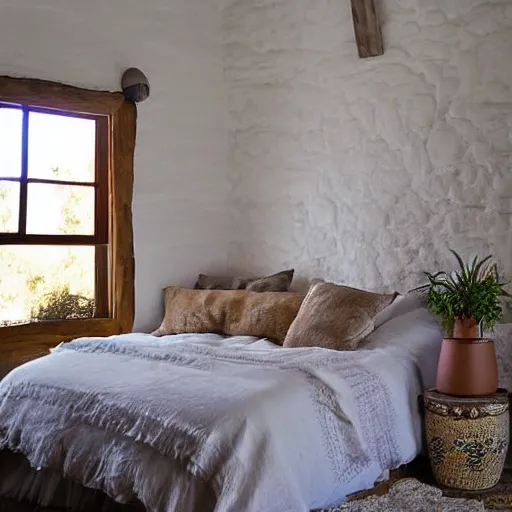 Prompt: bohemian minimalistic rustic bedroom topanga canyon photograph