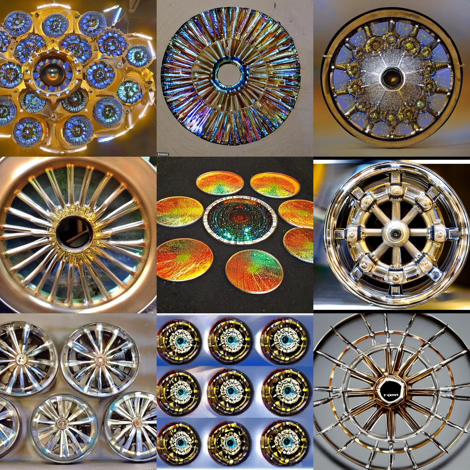 Prompt: this was the appearance and structure of the wheels : they sparkled like topaz, and all four looked alike. each appeared to be made like a wheel intersecting a wheel. their rims were high and awesome, and all four rims were full of eyes all around