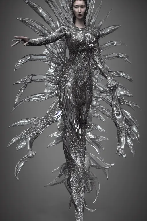 Prompt: a highly detailed metahuman render of an alien goddess bella hadid in iris van herpen dress schiaparelli in diamonds and jewelry in style of alphonse mucha trending on artstation made in unreal engine 4