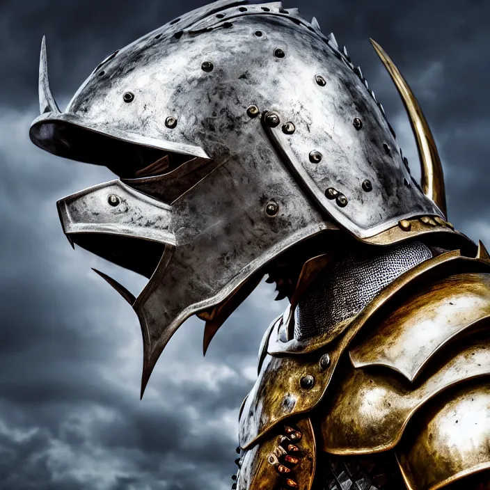 Prompt: photo of a warrior with metal dragon themed armour and helmet, highly detailed, 4 k, hdr, smooth, sharp focus, high resolution, award - winning photo