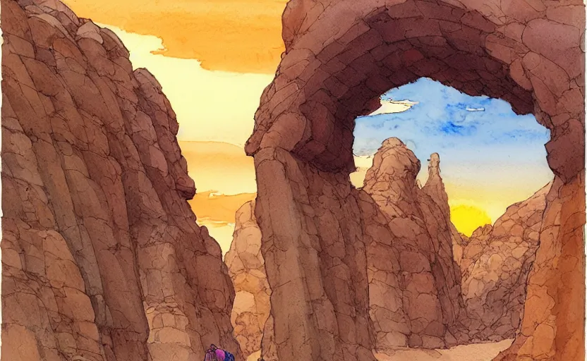 Image similar to a hyperrealist watercolour concept art of a desert day. through a large rock arch is a time portal to an orange sunset sky. a medieval monk in grey robes is walking through the rock arch. by rebecca guay, michael kaluta, charles vess and jean moebius giraud. high detail, hq, wide shot