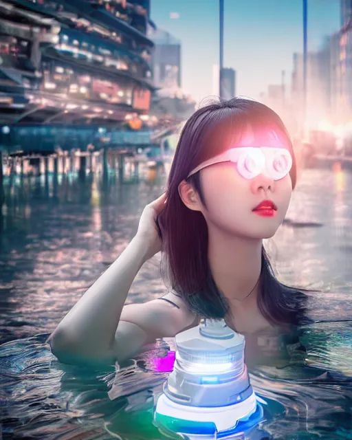 Image similar to beautiful centered photo of korean girl as a solarpunk cyborg with white mechanical parts and implanted bright halogen lamps, treading above calm water, ultra - realistic and detailed, sun lit, white background, bokeh, soft focus, slow exposure hdr 8 k