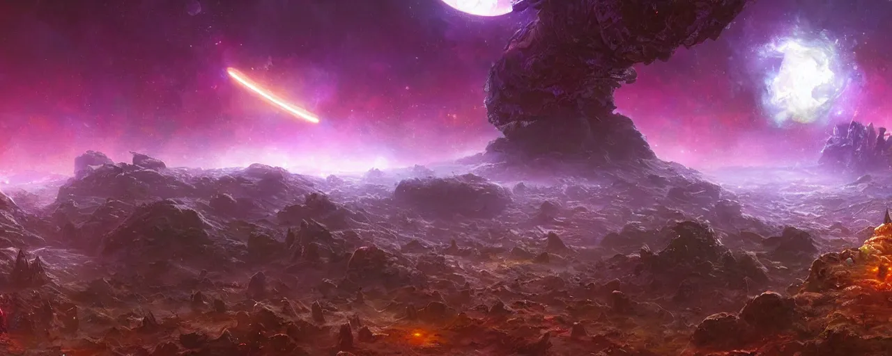 Image similar to ” outer planet landscape, [ cinematic, detailed, epic, widescreen, opening, establishing, mattepainting, photorealistic, realistic textures, octane render, art by paul lehr ] ”