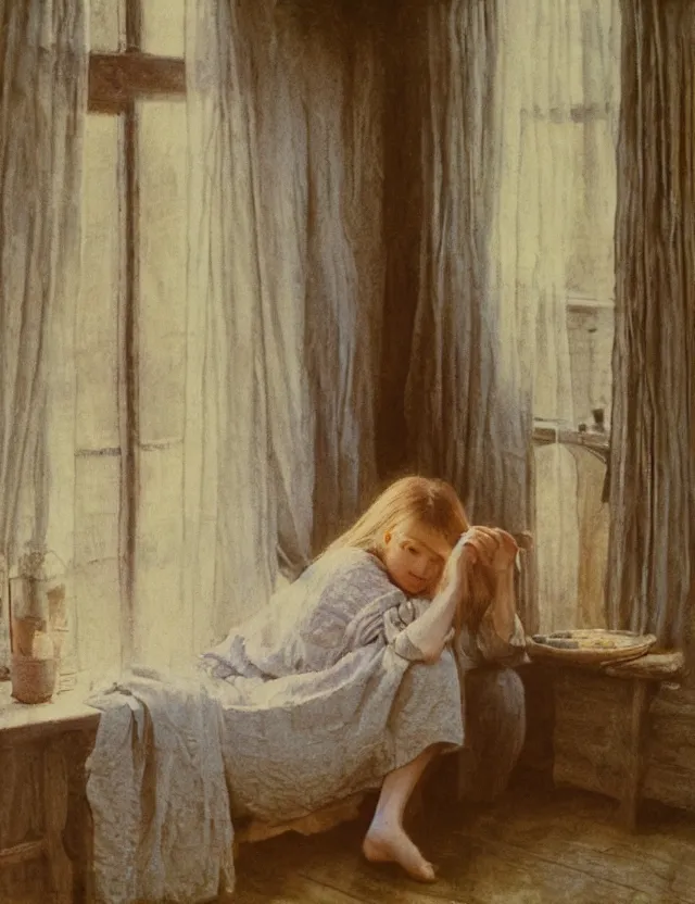 Image similar to peasant girl in a morning in country house, cottage core, cinematic focus, polaroid photo bleached vintage pastel colors high - key lighting, soft lights, foggy, by steve hanks, by lisa yuskavage, by serov valentin, by tarkovsky, detailed, oil on canvas