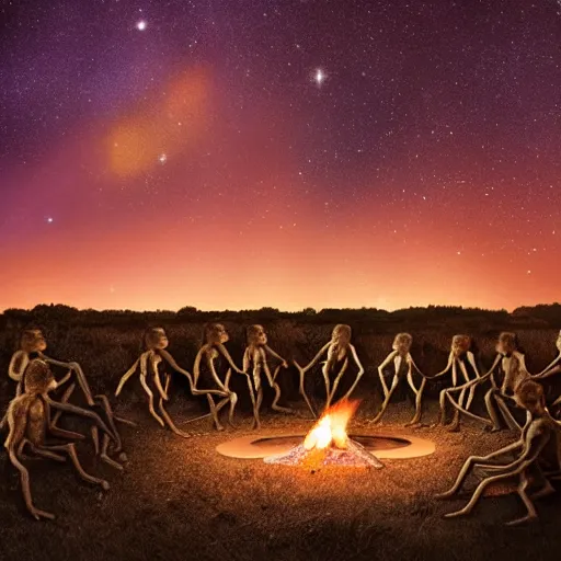 Image similar to an australopithecus tribe gathering, pointing to the stars, fire pit, ambient lighting, orange pallete, anatomically correct, beautiful starry skies, 4k photo,