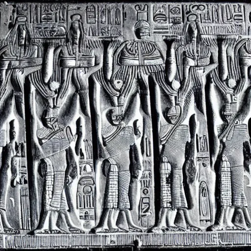 Prompt: The Annunaki have returned to Egypt wearing space suits that look like Egyptian pharoah head-dresses and breathing hoses that look like elephant trunks - alien-looking, cyborg, detailed, photo-realism