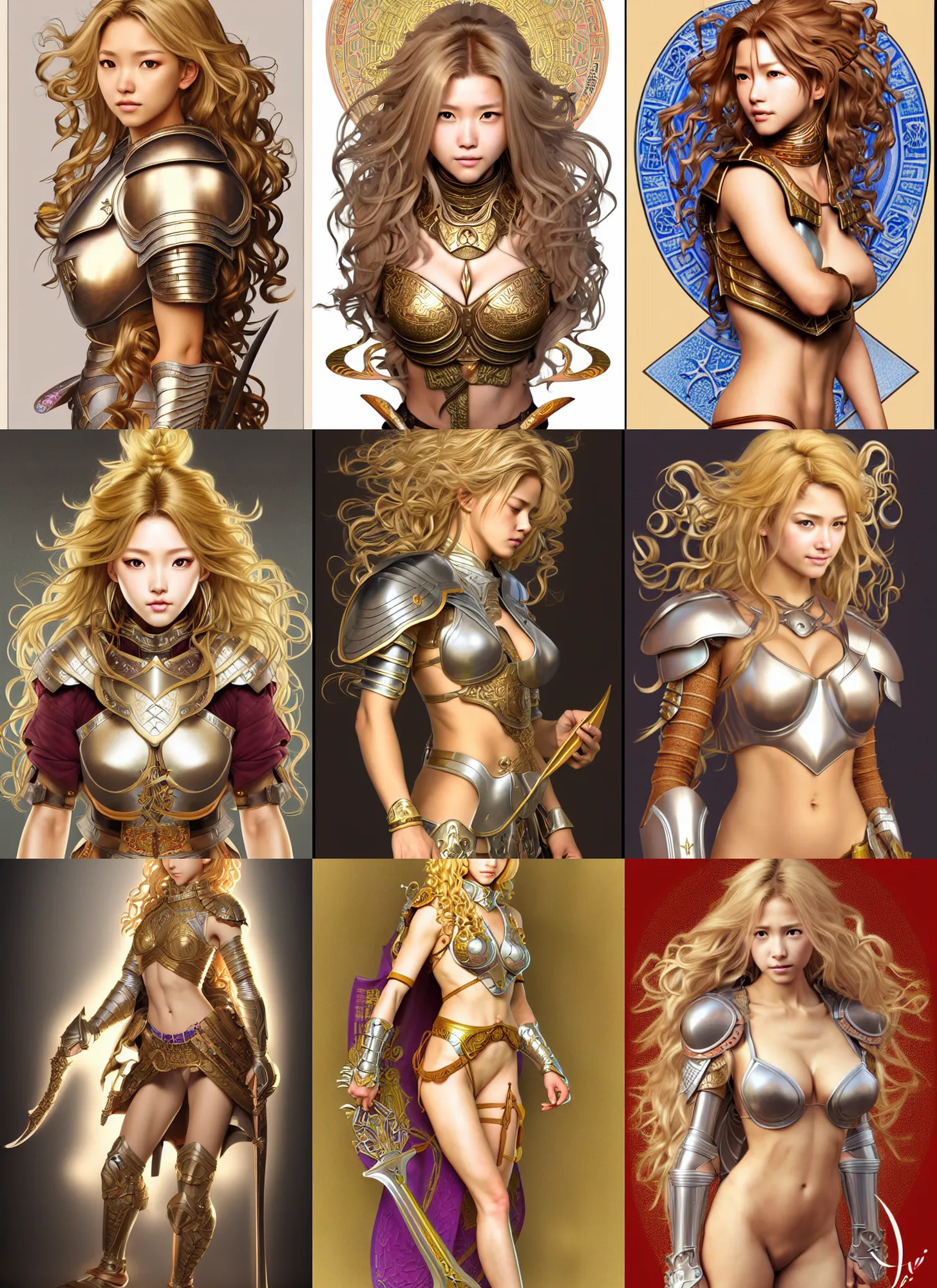 Prompt: complex 3 d hyper realistic smooth ultra sharp render of a gorgeous paladin woman | tanned skin, curly blonde hair | d & d, medieval, fantasy | art by oh jinwook + 吵 集 仁 儿 on artstaion + takeshi obata + alphonse mucha